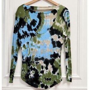 So Nikki Tie Dye Long Sleeve Top Womens Blue Olive Black Cutout Neck Boho